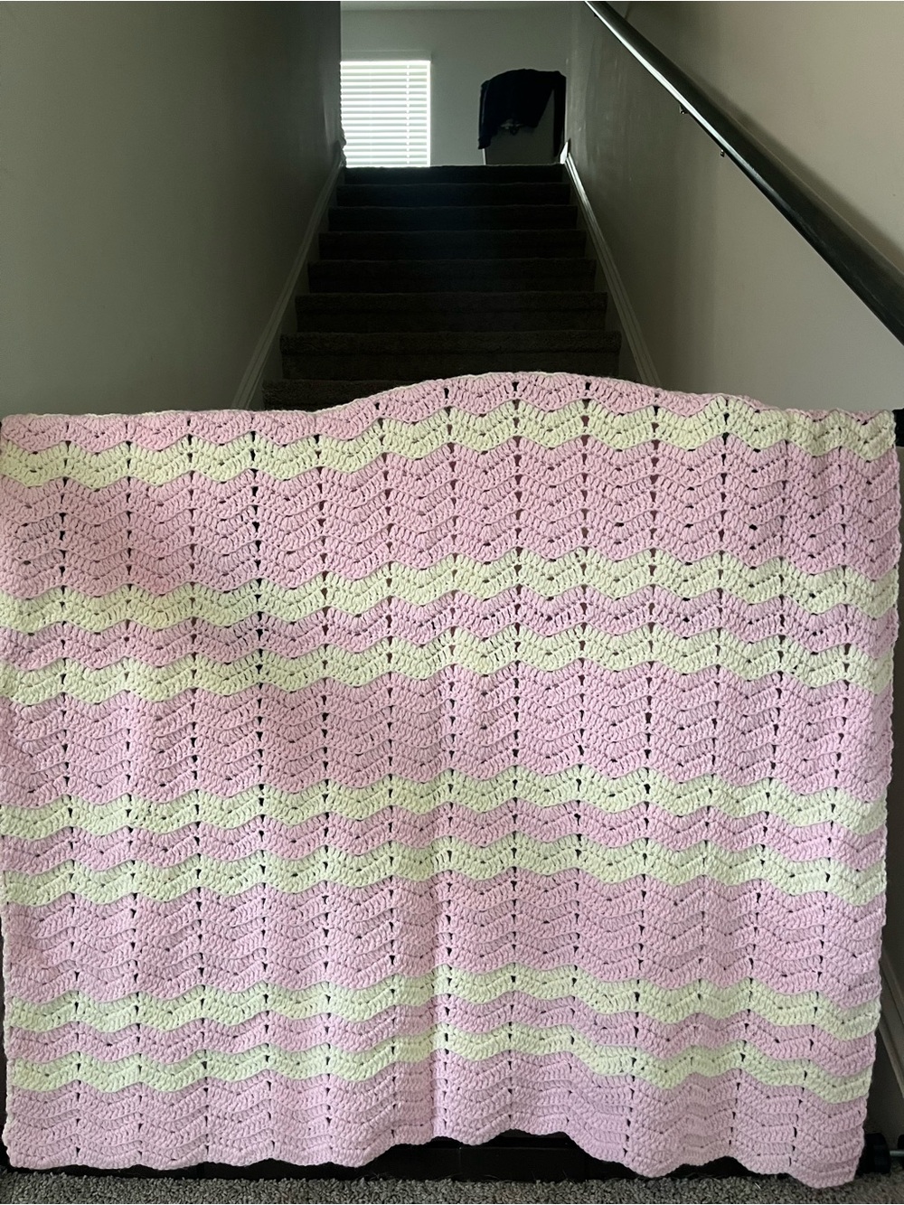 Handmade Crochet Chevron Sofa Throw Blanket Pink Cream Nursery Textured scallop